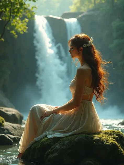 Realistic images,  beautiful woman , Playing in the waterfall, Sitting on a rock