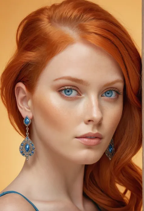 A beautiful model with red hair and blue eyes, wearing earrings, full frontal full body image against a light background in ultra-realistic photo style with an orange color scheme portrayed with high definition and natural lighting. The image shows intrica...