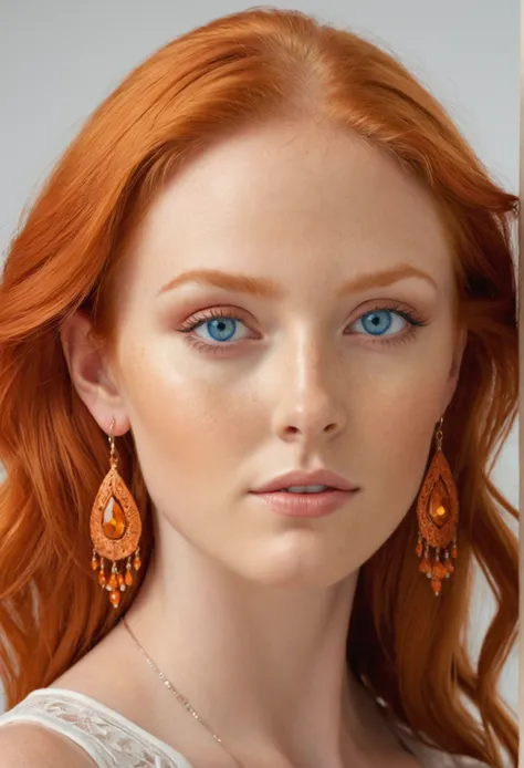 A beautiful model with red hair and blue eyes, wearing earrings, full frontal full body image against a light background in ultra-realistic photo style with an orange color scheme portrayed with high definition and natural lighting. The image shows intrica...