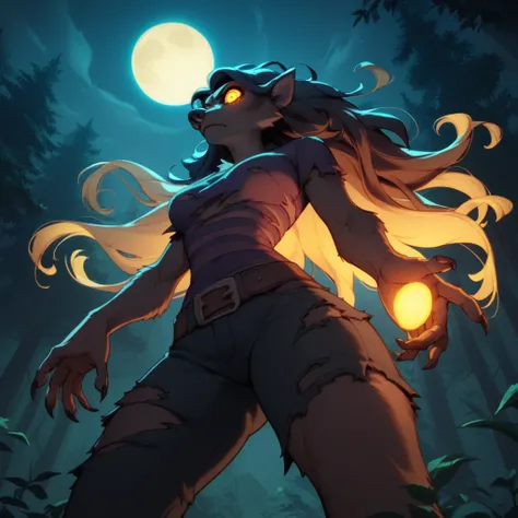 1Female, werewolf, lean but masculine, long black tangled hair, glowing golden eyes, towering, dark fur, curvaceous, wild look, wearing simple ripped clothes, night, forest, moon, cowboy shot, low-angle shot