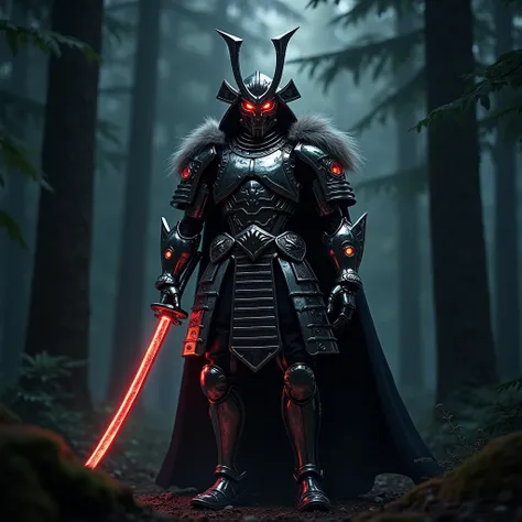  a fully chrome-plated samurai robot ,  wearing a chrome Hanya mask that resembles a demon ,  wielding a large fully chromed katana ,  the gaps in the armor and mask give off a crimson glow with red sparks , The eyes of the mask give off a reddish fire ,  ...