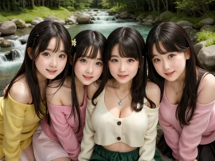 ( 3 girls),smile、   looking into the camera   、necklace、I knit my hair  .,  ,  , slippery shoulder sweaters   、   smooth material  ,     slippery and elastic    .、 Open arms on   , 、    Extra long double tail    、 ,   flower hair ornaments  、    masterpiec...