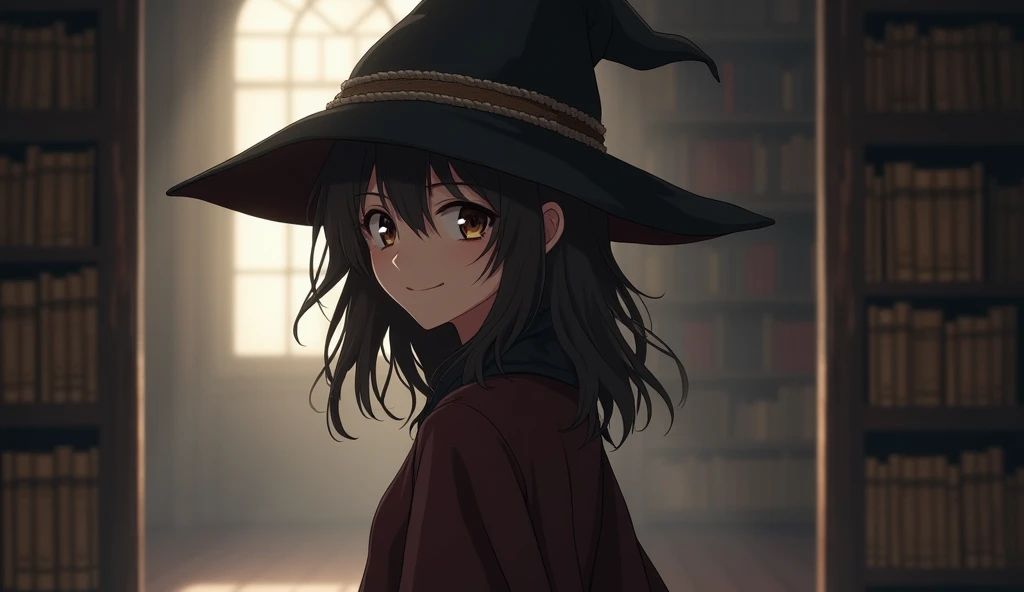 8k、 high school girl、 mature、smile、 Looking Back、dark brown robe 、Three-cornered hat、 medieval Europe 、 otherworldly、 Libraries 、Silence、What to look for、night、Anime 2D Style、Lo-Fi、LoFi、アニメ調Illustration、Illustration