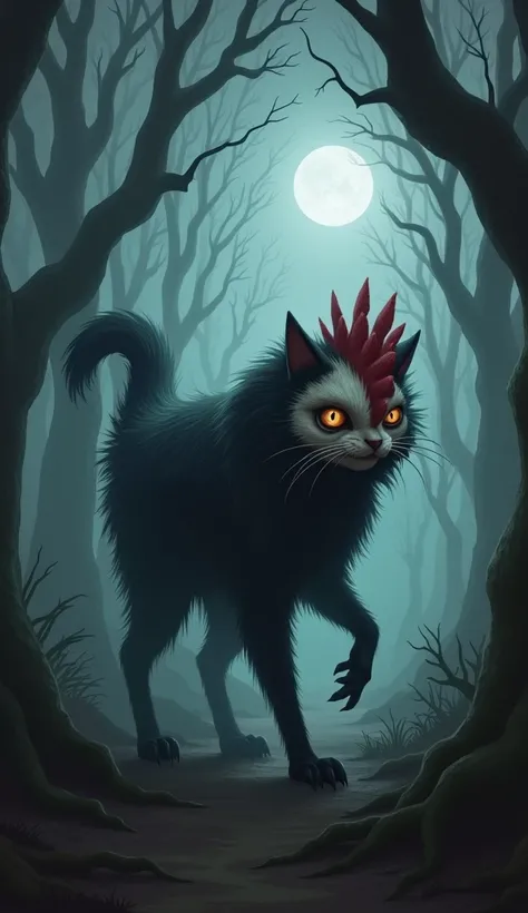  Make a hybrid blend of a black cat and a white chicken into a spooky monster,  The terrain is a dark and shady forest trees with winding trees and a thin mist covering the ground,  creates an eerie atmosphere .  Moonlight filters through the branches ,  c...