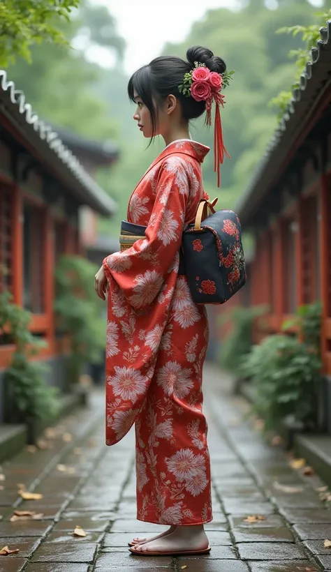 extremely detailed CG unity 8k wallpaper, realistic, hand by Guido Daniele, wearing kimono_clothes, wooden bridge, sakuramon, wreath,lace-trimmed kimono, stone brick road, wet road, clogs, two toe socks