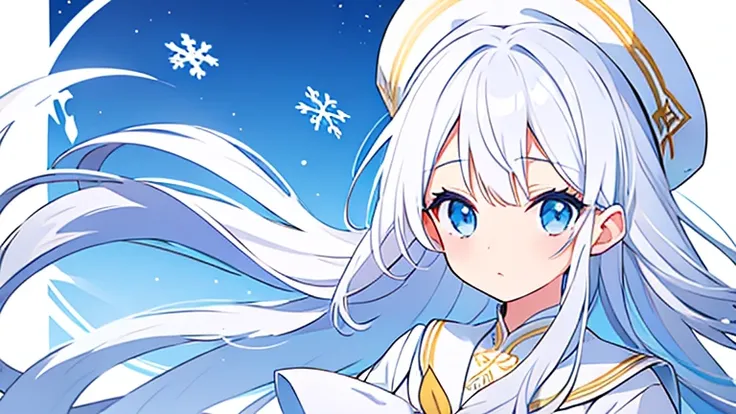 Pure white background、Frozen figure、  white hat with gold decoration、Long white hair、Sailor&#39;   white uniform  