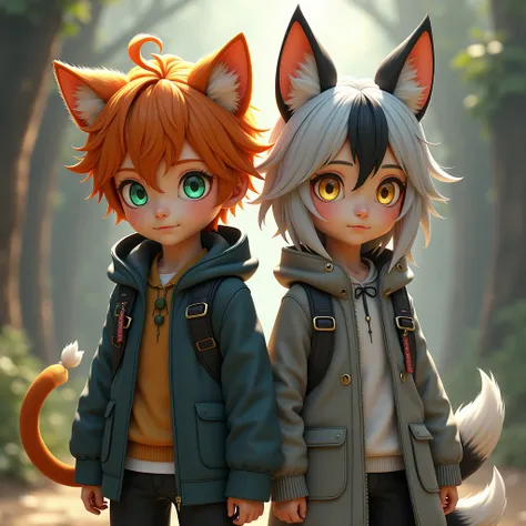 {Boy, orange hair, cat ears, cat tail, one green and one blue cat eye, } {Girl, gray white hair with a bit of black dog ears and dog tail, golden eye} *standing next to each other realistic quality*