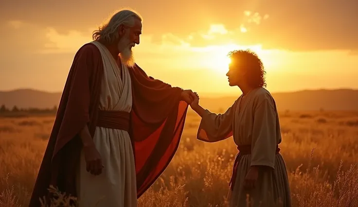 "A dramatic moment in a vast field, where Elijah, an elderly prophet, throws his mantle over a young Elisha. Elisha, dressed in simple robes, looks determined as the mantle touches his shoulders. The sun sets in the background, symbolizing the beginning of...