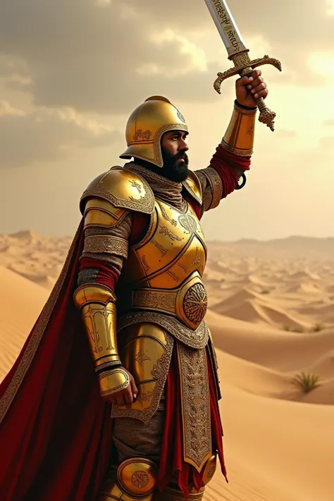 A Muslim soldier wearing a golden iron suit. In his right hand, he holds a sword above his head. On that sword is written in Arabic, "La ilaha illallah."