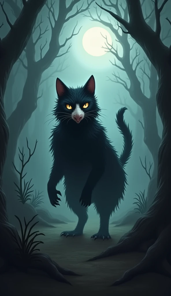  Make a hybrid blend of a black cat and a white chicken into a spooky monster,  The terrain is a dark and shady forest trees with winding trees and a thin mist covering the ground,  creates an eerie atmosphere .  Moonlight filters through the branches ,  c...