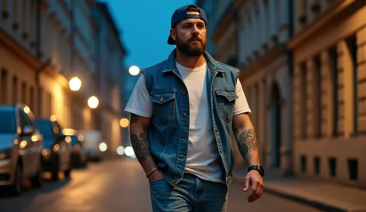 Un homme blanc, 37 ans, une courte barbe, légèrement gros, tenue décontractée, pantalon jean bleu foncé, veste en jean bleu foncé, tshirt blanc, avec une casquette snapback, marchant de nuit dans les rues pavées dun quartier.