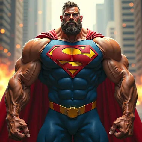 Generate an absolute monster of a Caucasian bodybuilder, in his 50s. Short brown hair with a very short well trimmed beard. He is the superhero ‘Super-Dad’ his skintight Lycra accentuates his muscles and does not hide anything