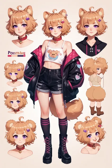 femboy, pomeranian dogboy, pomeranian dog ears, short curly hair, strawberry blond hair, purple eyes, dog collar, punk fashion, beauty marks, moles, freckles, fully clothed, oversized loose jacket,, masterpiece, best quality, knee highs, laced up boots, ch...