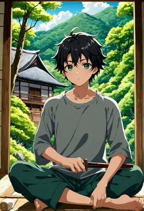  Anime work about a  boy holding a wooden sword , black hair slightly curly emerald eyes wearing a gray long-sleeved t-shirt ,  sitting in front of a traditional Japanese house in the mountains ,  around a dense forest of deserted wild trees ,   the boys g...