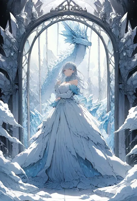 size： 512 wide x 512 high  、{  best quality}, { Im going to do a very beautiful  }, {  super detailed}, {  best illustration }Ice Dragon ,Breathing、Large mirror、Whole body、background：Ice World