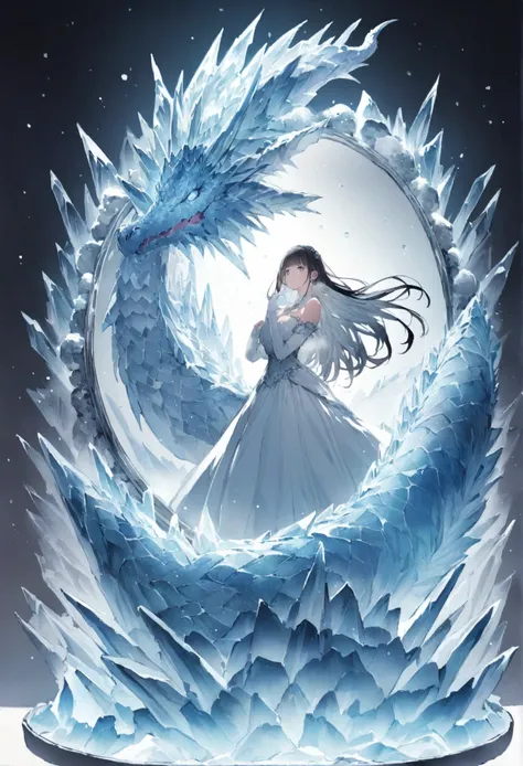 size： 512 wide x 512 high  、{  best quality}, { Im going to do a very beautiful  }, {  super detailed}, {  best illustration }Ice Dragon ,Breathing、Large mirror、Whole body、background：Ice World