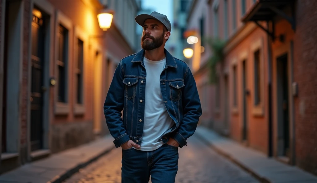 A white male, 37 years old, short beard, slightly chubby, casual dress, dark blue denim pants, dark blue denim jacket, white t-shirt, with a snapback cap, walking at night through the cobblestone streets of a neighborhood.