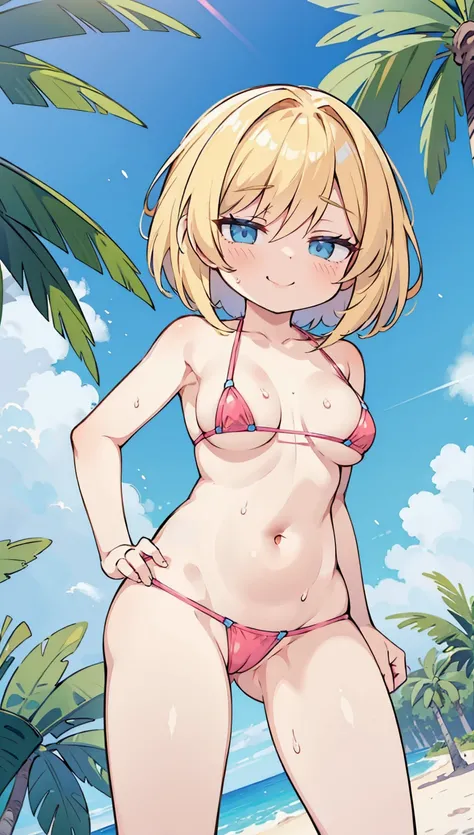   Masterpiece , best quality, super detailed,8k,18 years old, normal breasts, Shortcut Bob Hair ,Blonde, blue eyes, hair between eyes,smile,,  half closed eyes ,shiny skin,sweat,Pink Bikini,belly button, standing, , beach , back view、（ angle from below）