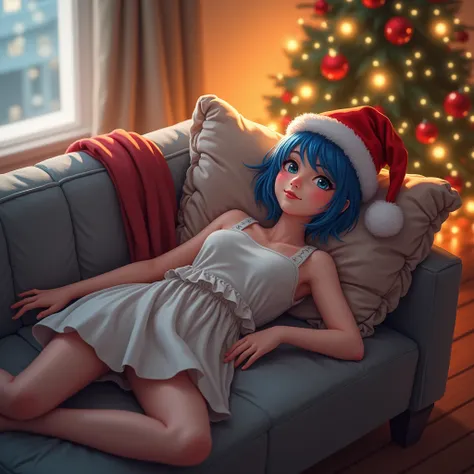  Genere une femme les cheveux courts bleus avec un bonnet de noel et alongée sir son canapé