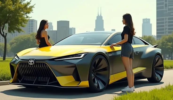 Toyota centaury 2025 in  yellow collar  right side at the road grass city two women standing around the car