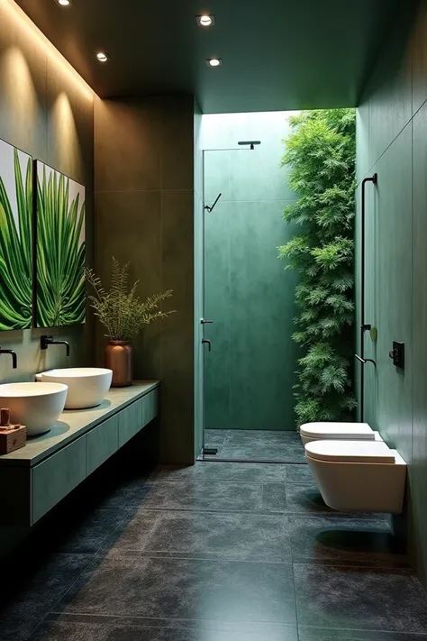 Bathroom with 2x2 ,  ceramic floor ploma black sparks ,  walls half ceramic ploma ,  with 2 large ceramic paintings of succulents and the other view of the green wall what water do I play with succulent ceramic