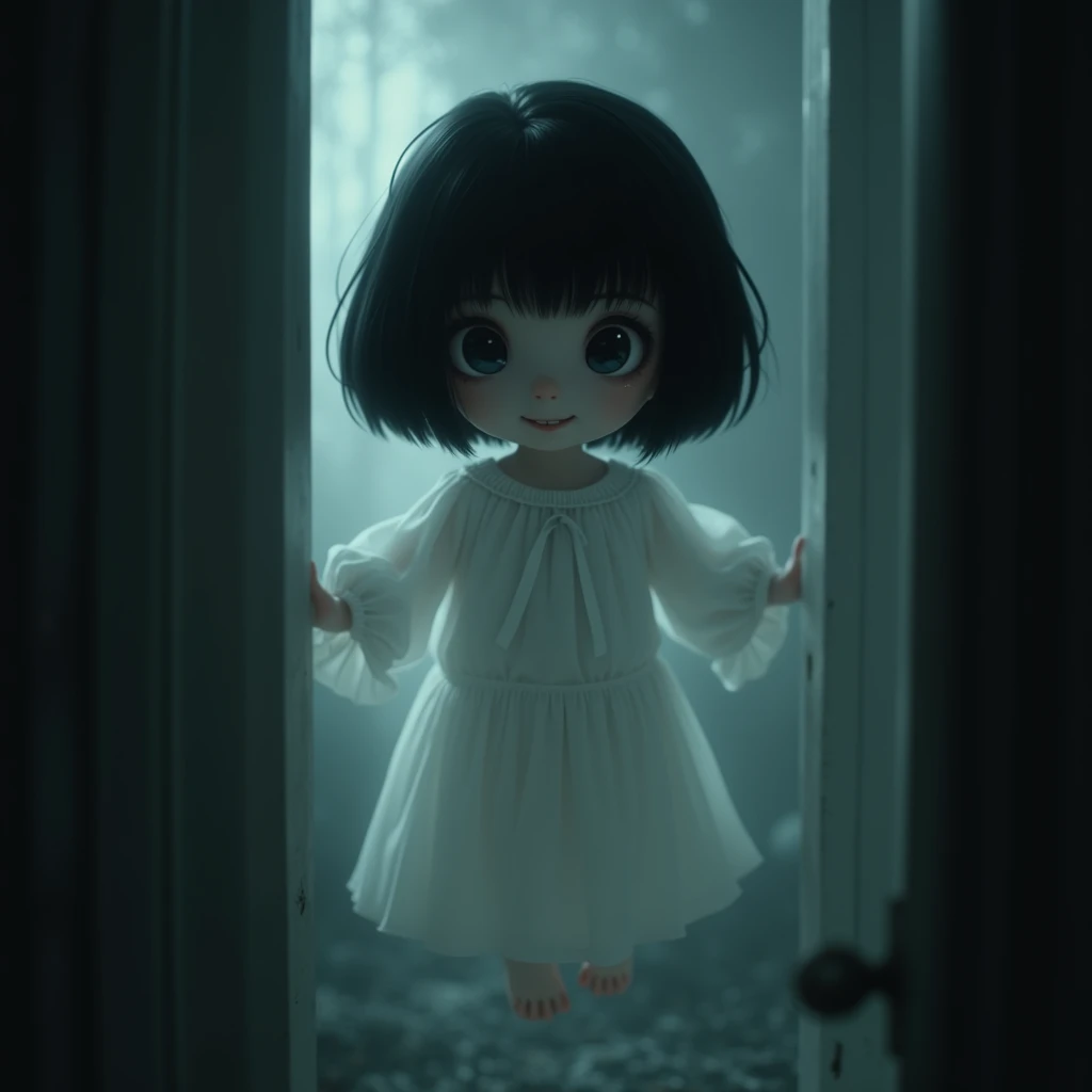 Ghost of girl with black bob cut, cute but scary, creepy, girl in white dress with black bob cut