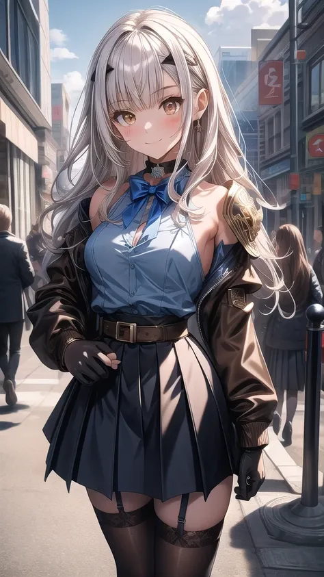   Masterpiece ,  best quality,  high definition , BBS, Melusine, ( Brown Eyes :1.5),  long hair,  white hair, sidelocks,,  touch the black choker ,  bow tie ,  colored shirt ,  hoodies ,  black jacket, Open the clothes,  Long Sleeve ,  gray skirt in the mi...