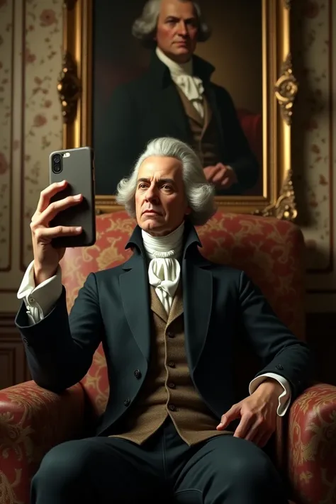 Alexander hamilton sitting on chair posing for selfie with a portrait of john pork in the background