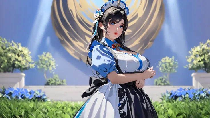 masterpiece,  Best quality, 1 Girl,  unique , Shen He_Genshin Impact,  Blue Eyes , Maid costume, , Standing