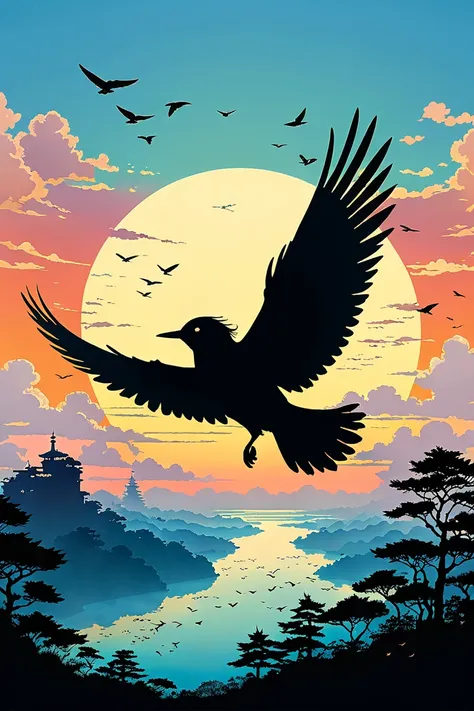 Flying Bird Silhouette, by Studio Ghibli Style, Ghibli color, Miyazaki Hayao style.
best quality, masterpiece, intricate details, ultra-detailed