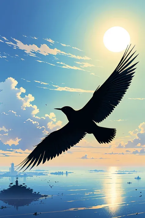 Flying Bird Silhouette, by Makoto Shinkai and Makoto Niitsu style.
best quality, masterpiece, intricate details, ultra-detailed