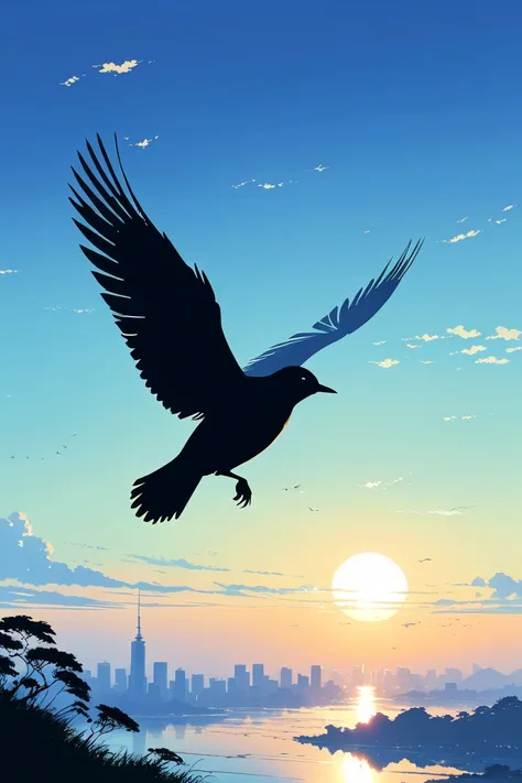 Flying Bird Silhouette, by Makoto Shinkai and Makoto Niitsu style.
best quality, masterpiece, intricate details, ultra-detailed