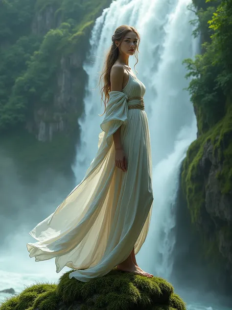 Realistic images,  beautiful woman , Playing in the waterfall, Standing on a rock