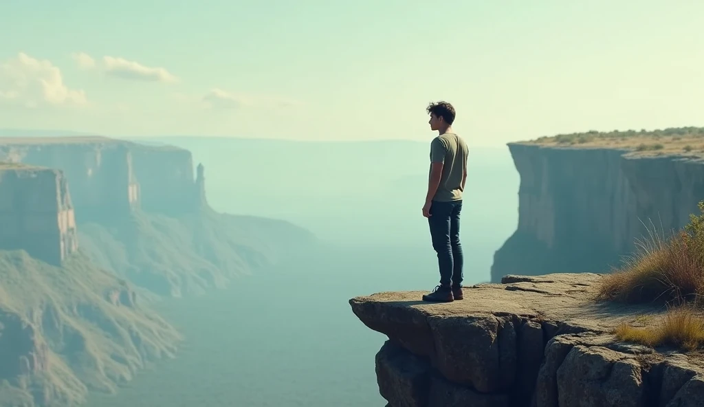  Young man walking alone. Looking at the edge . 