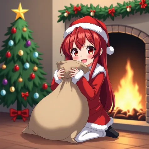 A cozy modern anime styled Christmas scene featuring a girl with red long hair, cowlick and dark red eyes dressed as Santa Claus sitting on the floor by a fireplace. The person is wearing a red Santa hat, a red dress with white trim, and white pantyhose. T...