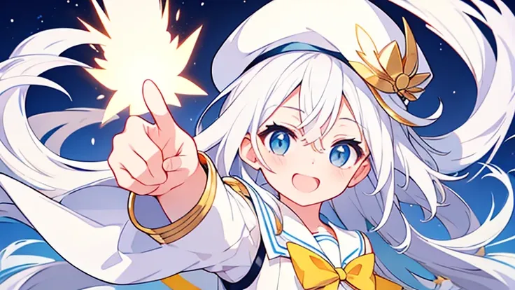 Pure white background、 is bursting out laughing、Pointing finger、  white hat with gold decoration、Long white hair、Sailor&#39;   white uniform  