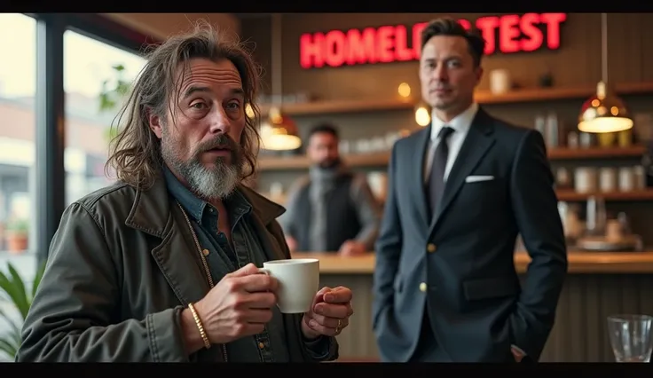 Elon Musk, disguised as a homeless person, holding a coffee cup, with a surprised café barista in the background staring at him. On the other side, Elon Musk in his iconic billionaire persona (clean-shaven, in a suit) standing confidently. The text “Homele...