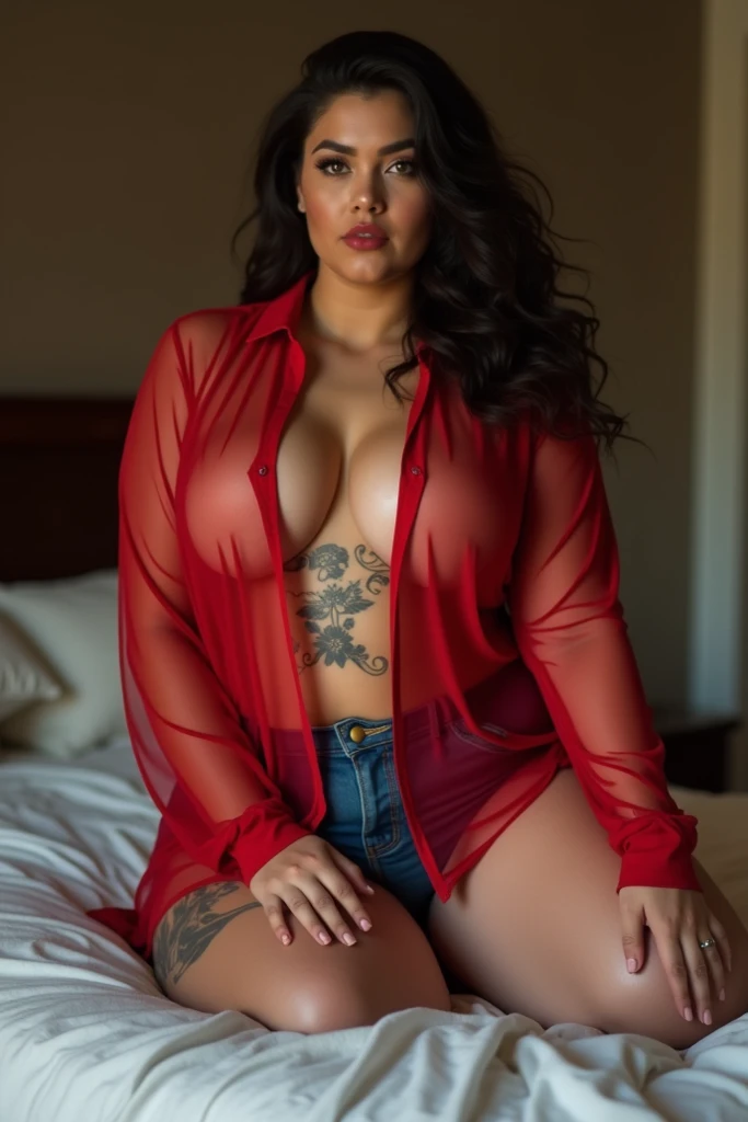 Beautiful bulky woman wearing red transparent shirt open button tatto on breast blue shorts chubby thigh sexy pose on bed