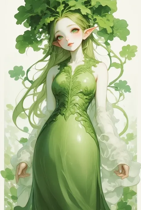 Portrait of daikon lady in long green dress, green leaves long hair, pointy ears, pure white skin, slight smile