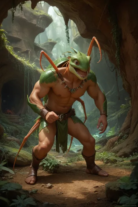 A male bodybuilder was captured by mantis creatures, subdued by their mind-controlling stings then coated in the mutating juice which transformed him into a prime warrior of the hive. 