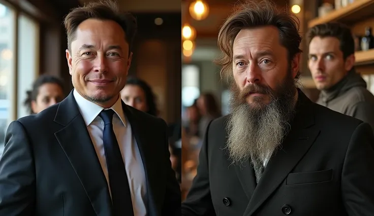 A split-screen image showing Elon Musk in two contrasting looks: on one side, hes dressed as a well-groomed billionaire in a sleek suit, and on the other side, hes in a tattered, homeless disguise with a scruffy beard and ragged clothes. The background sho...