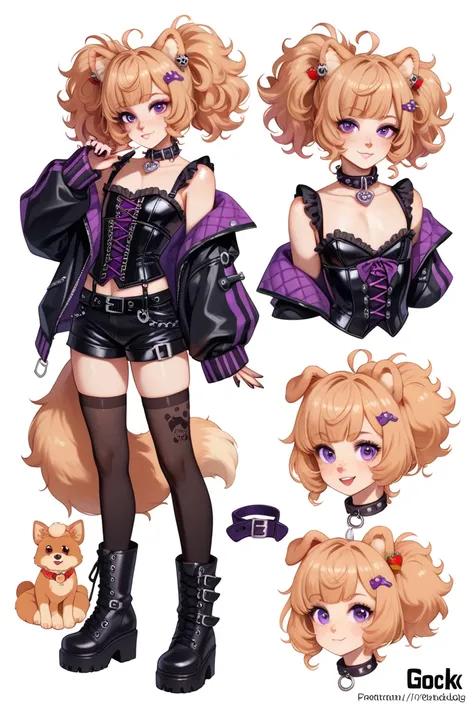 femboy, pomeranian dogboy, pomeranian dog ears, short curly hair, strawberry blond hair, purple eyes, dog collar, punk fashion, beauty marks, moles, freckles, fully clothed, oversized loose jacket,, masterpiece, best quality, knee highs, laced up boots, ch...