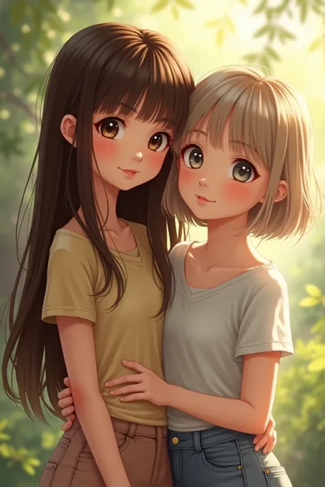 Two girls who are friends, one is fat and the other is thin, both have fair skin, the fat girl has white eyes and eyebrows with short hair, and the thin girl has long brown hair with bangs, the thin girl has big and beautiful eyes