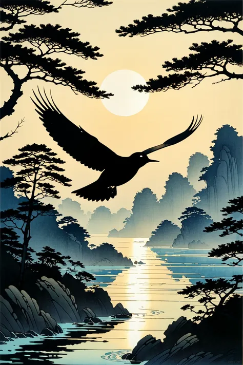 a Flying Bird Silhouette, by Hiroshi Yoshida.
best quality, masterpiece, intricate details, ultra-detailed