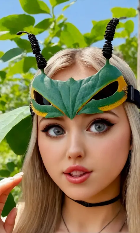 A cute caterpillar ( cute woman, amazing tits and ass, bug bikini, age 20, bug eye helmet, has a mouth full of leaf and is adorably looking to the sky in panic, she is in a bird silhouette on a leaf she is eating, sunny day, show all of her, gyno cam, show...