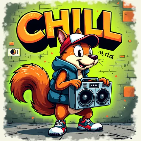 Graffiti-style illustration of a cartoon squirrel in a varsity cap, puffer vest, and running shoes holding a boom box. Bold 3D text CHILL at the top with In the Moment in handwritten script below. Background features a patched stone wall, lime green tones,...