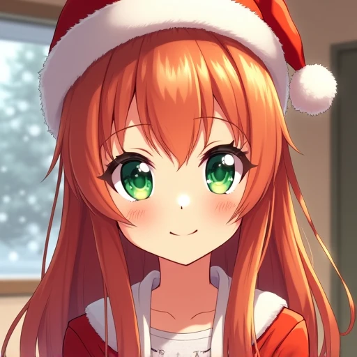 1girl, Long Hair, Smile, Blush, Green eyes, Ginger Hair, Anime Style, Christmas hat