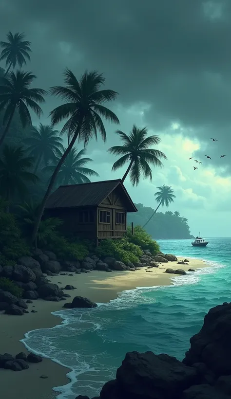 The image is a digital illustration of a tropical island with a small hut on the shore. The hut is made of wood and has a sloping roof. It is surrounded by palm trees and other tropical plants. The sky is dark and cloudy, with a few birds flying in the dis...