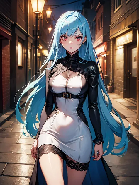 (​masterpiece、top-quality、hight resolution、Unity 8k、extremely details CG:1,Best Picture),((Light blue hair)), red eyes, Upper body, A beautiful woman with a sultry and alluring presence, standing under the warm glow of a streetlamp in a dimly lit, cobblest...