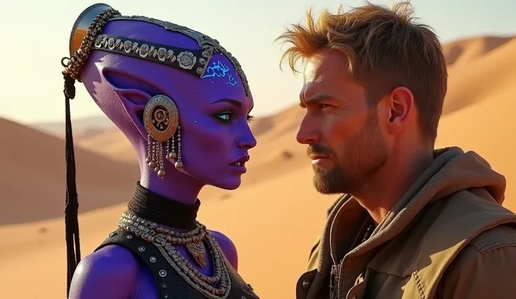 "A stunning alien woman with glowing purple skin, adorned with tribal markings and bioluminescent blue accents, stands confidently in a desert landscape. Her piercing, luminous eyes convey wisdom and strength, and she wears an ornate, metallic headpiece an...